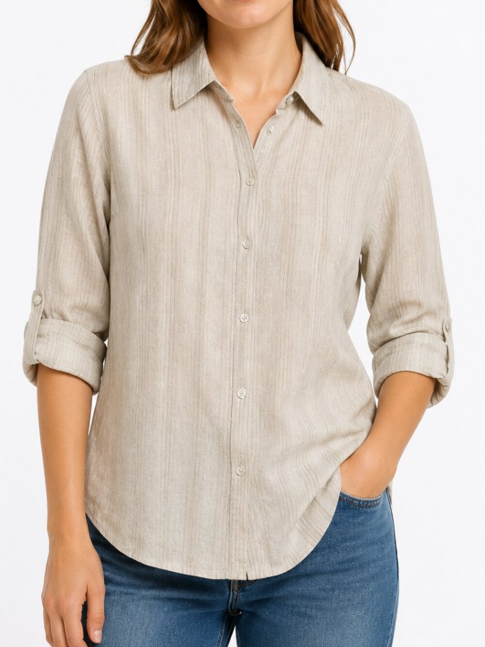 Orvis Classic Collection Beige Linen Button-Up Shirt Size M